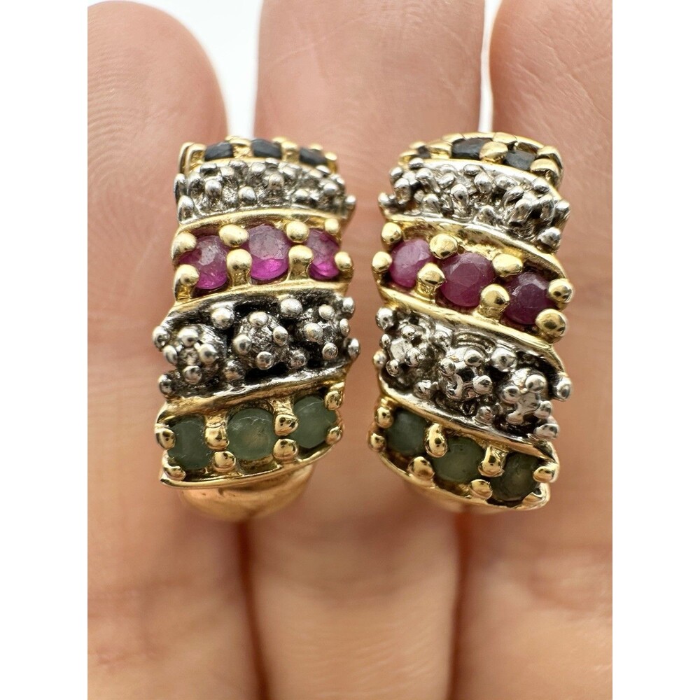 Ross Simons Sterling Silver Gold Vermeil Ruby Emerald Hoop Earrings